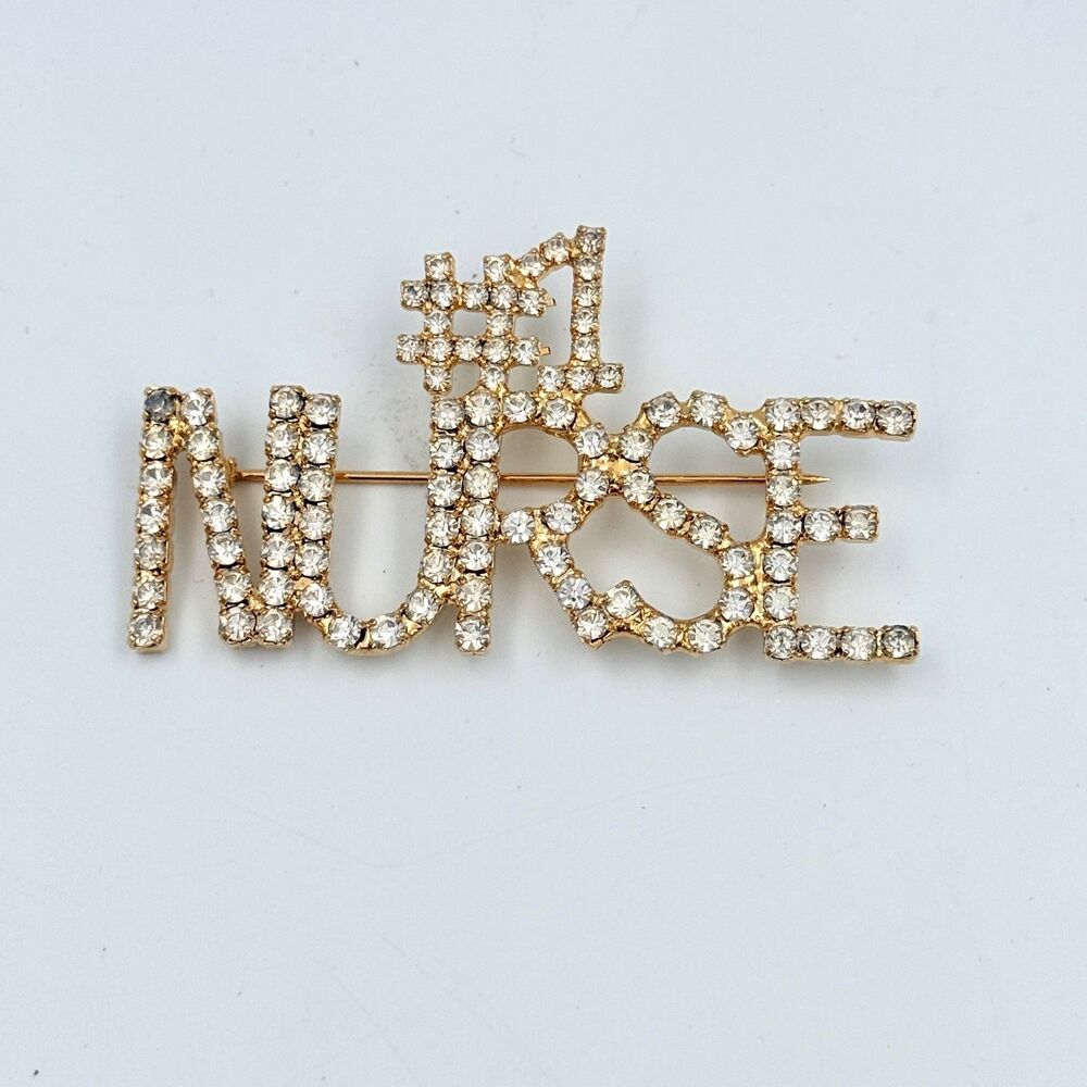 Nurse Brooch Rhinestone Gold Tone #1 Nurse 3" Wide Nursing Pin Gift